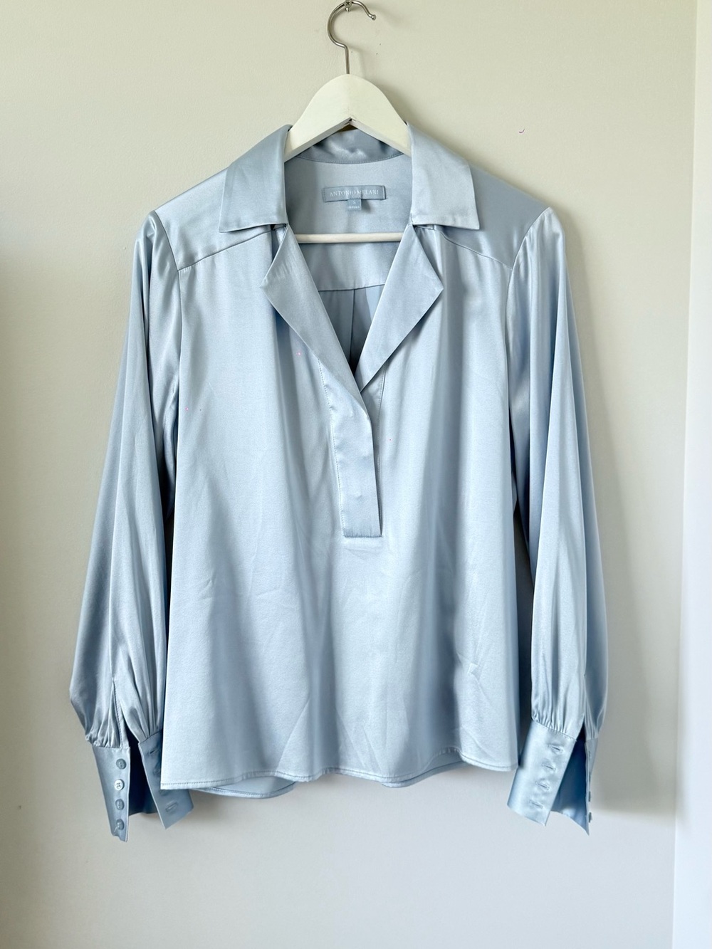 ANTONIO MELANI Pale Blue Satin Button-Front Blouse